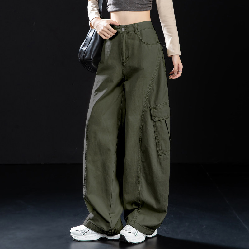 军绿美式工装牛仔裤女阔腿弯刀裤图片