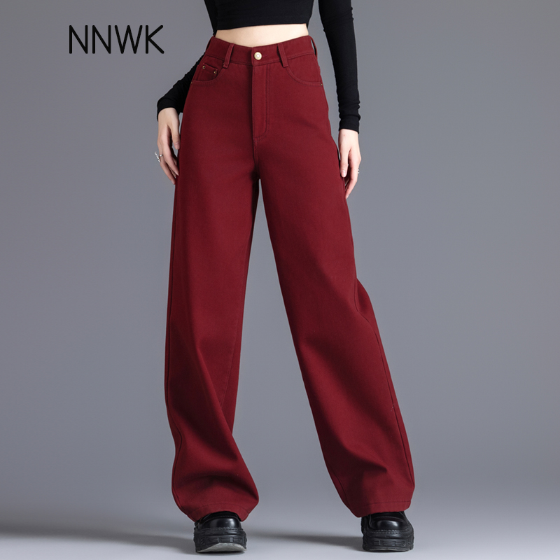 红色加绒牛仔裤冬季高腰阔腿长裤