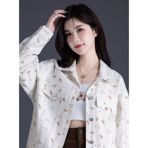 小熊印花白色牛仔外套女宽松韩版