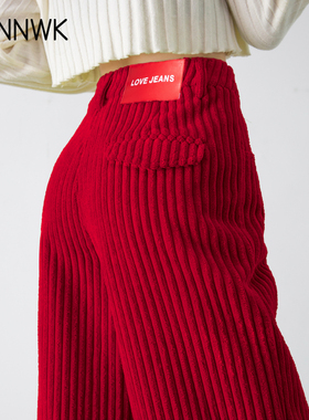 安可拉红色灯芯绒裤子女2025新款秋冬阔腿裤高腰条绒休闲直筒长裤