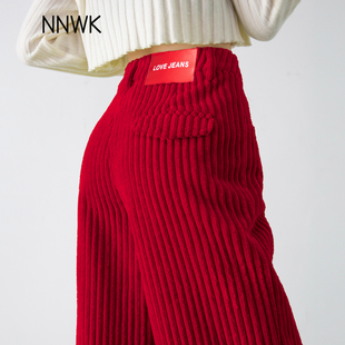 安可拉红色灯芯绒裤子女2025新款秋冬阔腿裤高腰条绒休闲直筒长裤