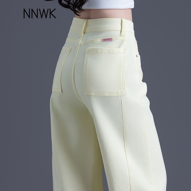 柠檬黄窄版阔腿牛仔裤女直筒长裤