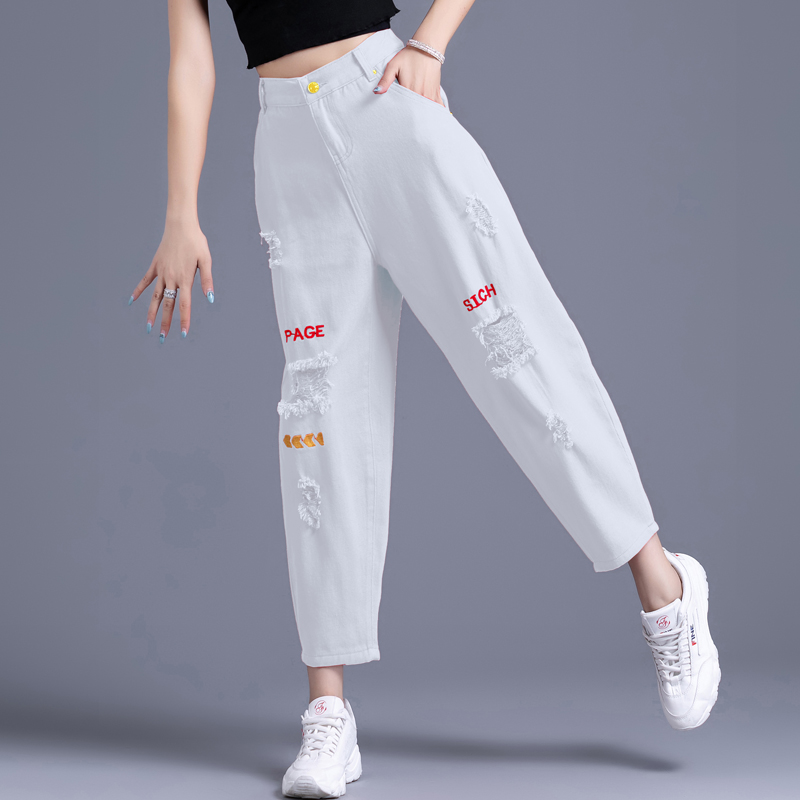 清仓白色裤子破洞牛仔裤女2025年新款爆款小个子哈伦老爹裤九分裤
