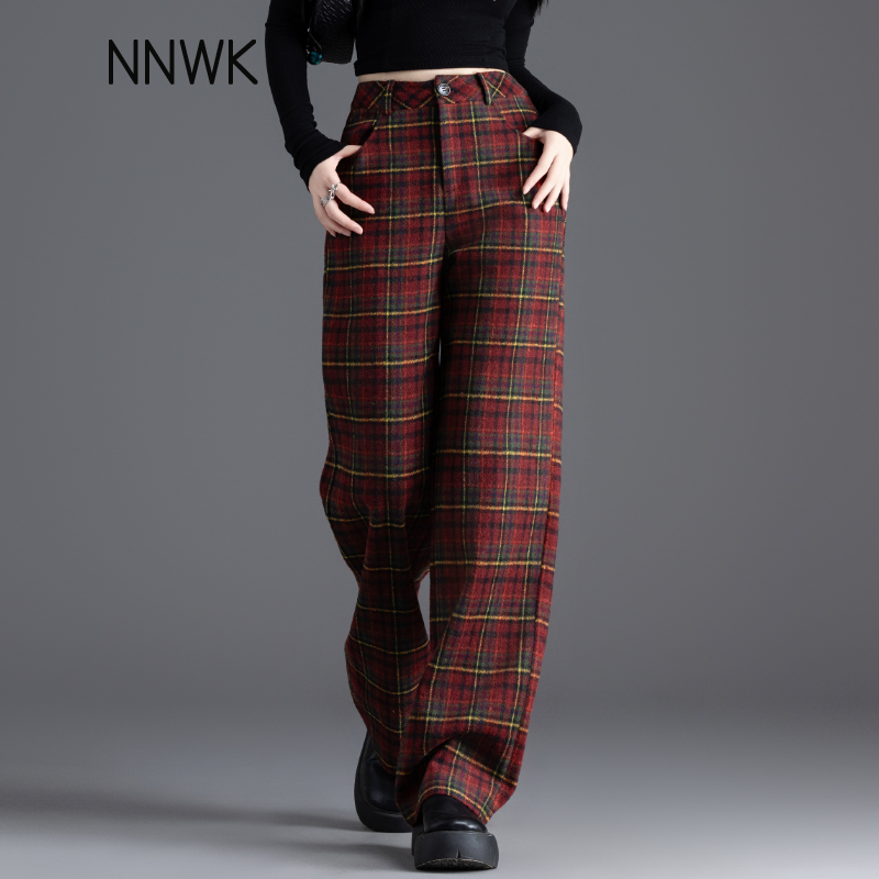 加厚加绒秋冬休闲格子裤直筒阔腿