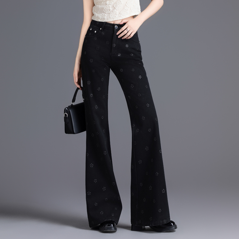 黑色微喇牛仔裤女裤喇叭裤山茶花