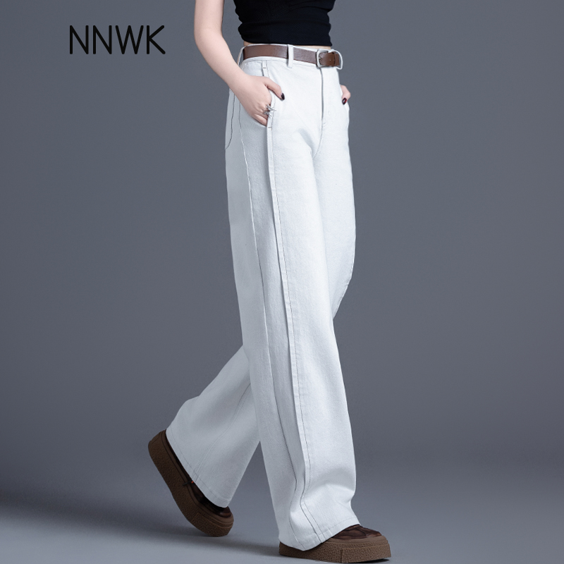 你牛我裤白灰色牛仔裤高腰阔腿裤