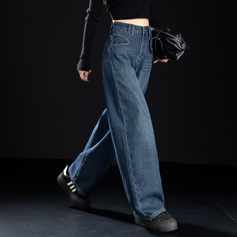 加绒牛仔裤女美式窄版阔腿弯刀裤