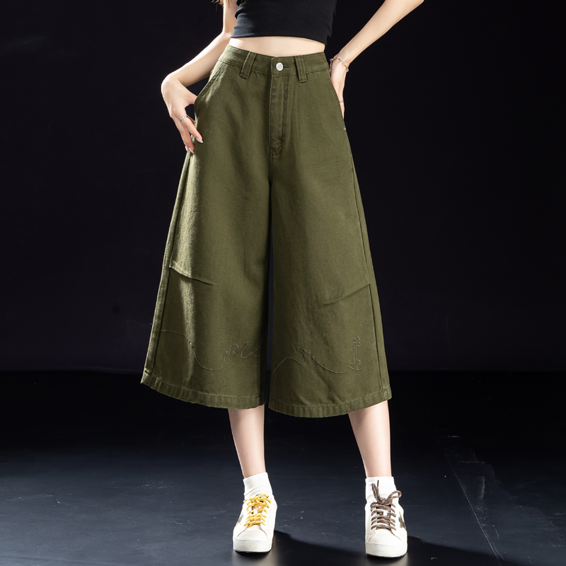 军绿色七分牛仔裤2026新款女款夏季天丝棉裤子宽松阔腿裤直筒中裤