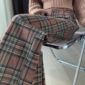 毛呢裤 阔腿裤 子女秋冬2025新款 清仓咖色格子裤 长裤 休闲裤 女裤 加绒