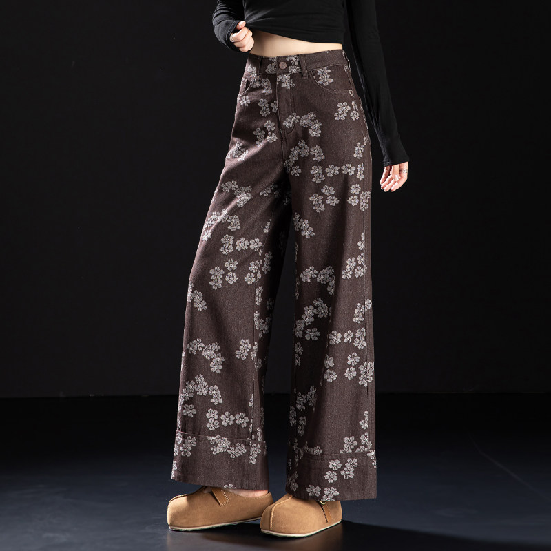 复古印花阔腿牛仔裤女咖色直筒裤