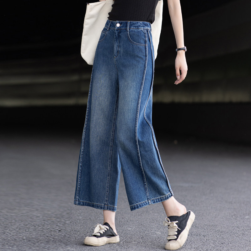 蓝色高腰直筒牛仔裤女2026新款春夏季九分裤小个子宽松窄版阔腿裤