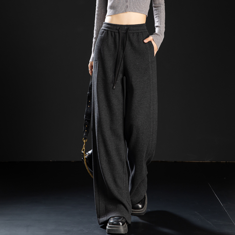 黑色毛呢阔腿裤女直筒羊毛休闲裤