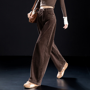 条绒哈伦裤 咖色灯芯绒裤 宽松阔腿弯刀裤 冬加绒休闲裤 子女2025新款
