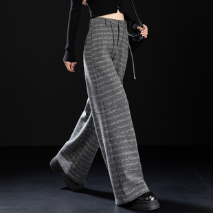 宽松垂感羊毛阔腿裤 灰色条纹毛呢裤 秋冬加厚糯米裤 2025新款 休闲裤