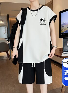青少年短袖t恤男孩高中初中学生冰丝POLO衫大童夏装休闲运动套装