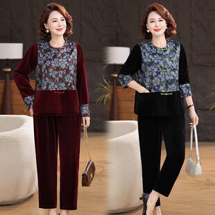 中年妈妈春装女款套装中老年女春秋外套阔太太洋气高贵上衣两件套