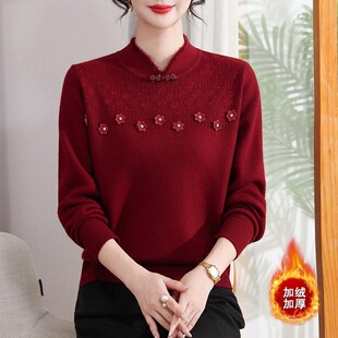 冬天洋气妈妈秋装半高领针织衫中老年女装秋冬加绒红色毛衣打底衫