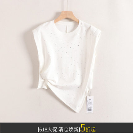 加系列设计师抽褶层次感不对称烫钻潮搭减龄无袖T恤女26夏装新款