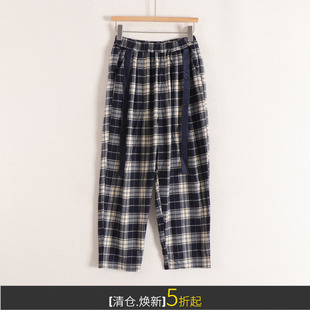 素系列松紧高腰复古格子哈伦裤个性潮搭九分裤女秋冬装品牌折扣