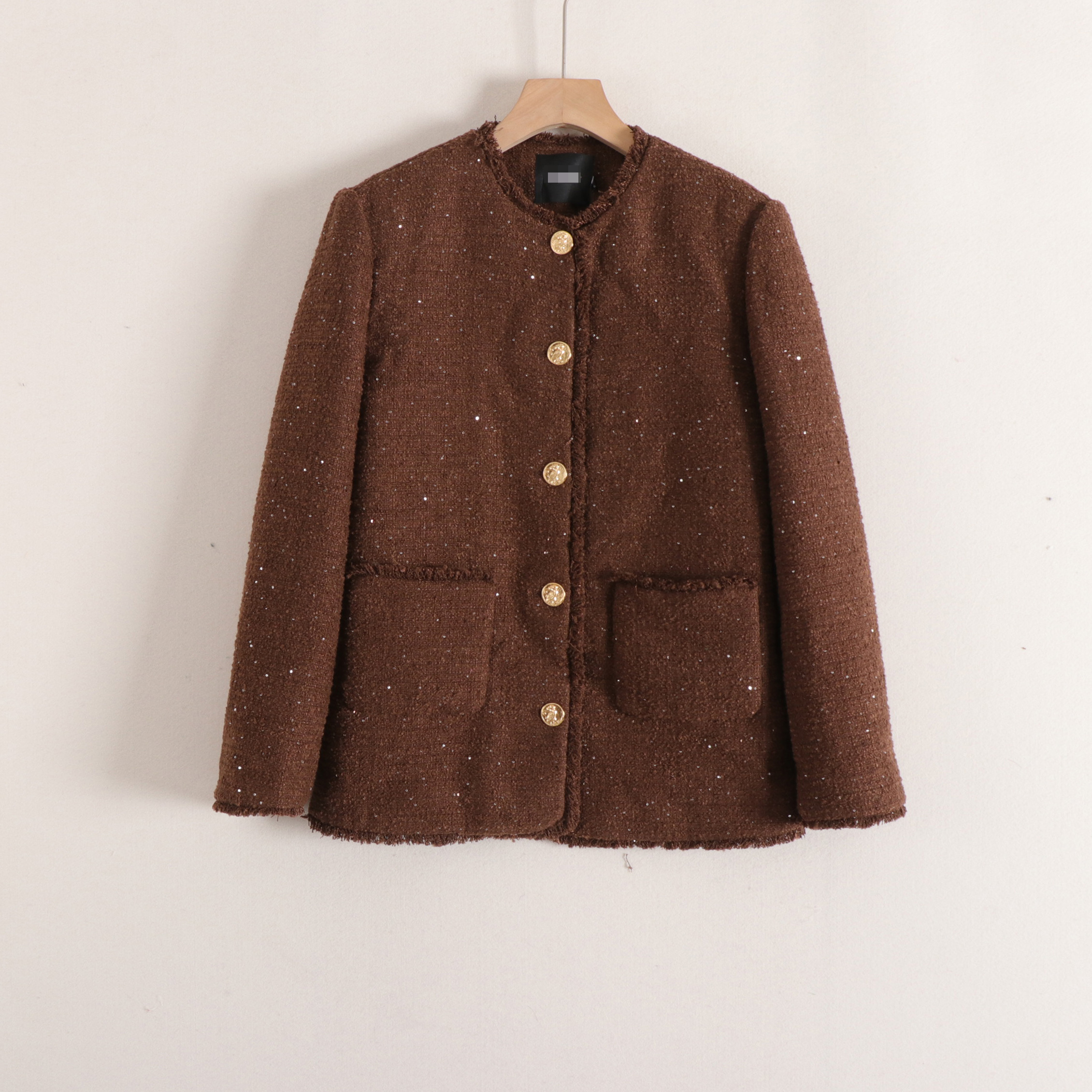 加系列鸭绒填充保暖毛边圆领亮片单排扣通勤毛呢外套女25冬装新款