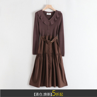 丽系列荷叶领针织拼接A字大摆收腰修身简约优雅长款连衣裙26春装