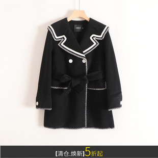 加系列绵羊毛拼色包边海军领双排扣修身学院双面呢大衣女冬装新