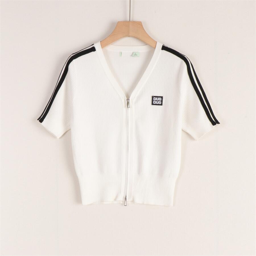 品牌折扣女装冰丝双拉链头开衫桃心领明线轮廓短袖针织衫25夏装