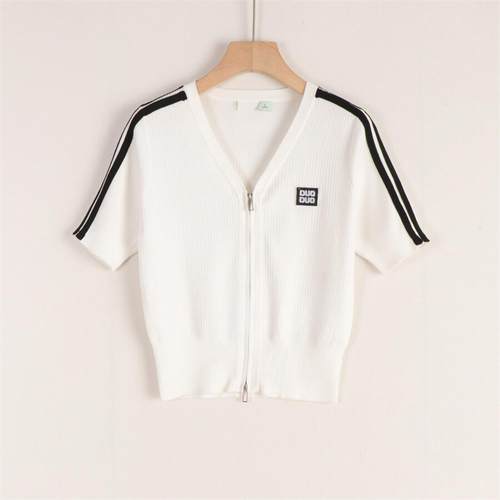 品牌折扣女装冰丝双拉链头开衫桃心领明线轮廓短袖针织衫25夏装