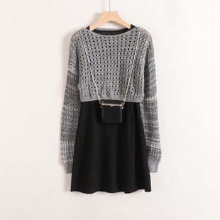 加系列送挂包勾花镂空宽松针织罩衫 弹力收腰连衣裙两件套裙26春