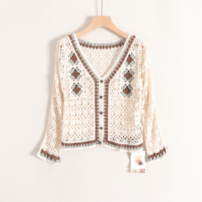 【言】复古民族风蕾丝镂空开衫V领修身直筒短款小衫女26春装新款