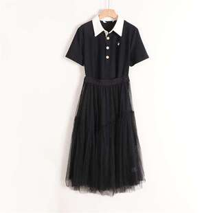 朵系列拼色POLO领宽松直筒长T裙+纱裙两件套连衣裙夏装品牌折扣