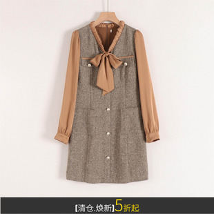 朵系列轻奢小香风飘带领单排扣仿真丝拼接撞色收腰优雅连衣裙春秋