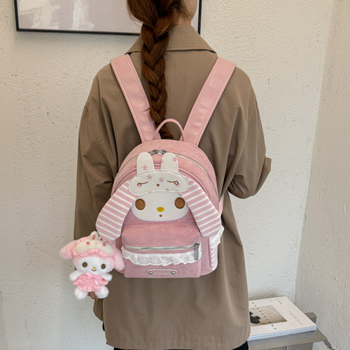 甜美可爱卡通双肩包女2026秋冬学生大容量长耳兔毛绒书包超萌背包
