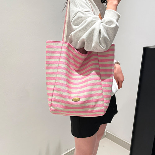 韩系条纹帆布包包女2025春夏彩色托特包大容量单肩腋下包上课通勤