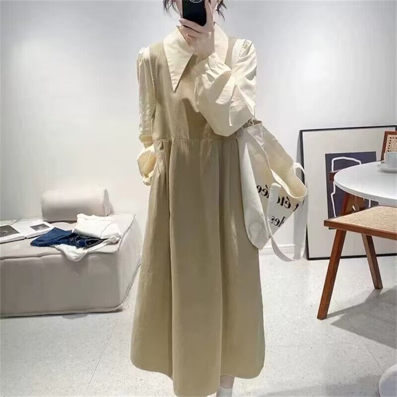 小清新套装连衣裙女秋季新减龄长袖衬衫高腰显瘦背心裙两件套0.53