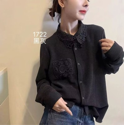 蕾丝花边翻领德绒长袖打底衫女冬季新款时尚保暖显瘦上衣汪0.36