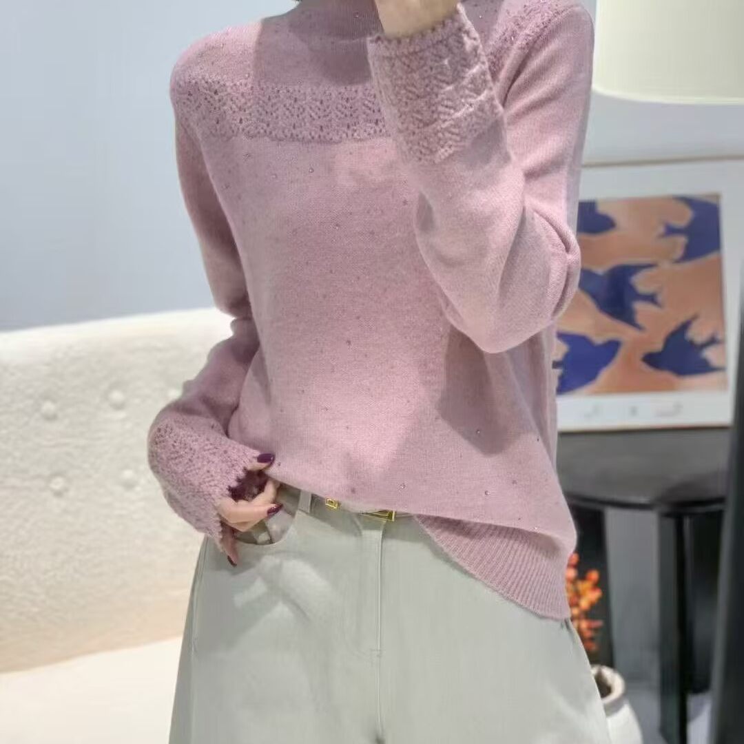 钩花烫钻半高领毛衣女冬季新宽松显瘦百搭休闲针织打底衫特0.33