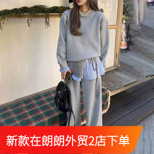 圆领套头卫衣假两件格子拼接直筒裤 女运休闲设计感学生 套装