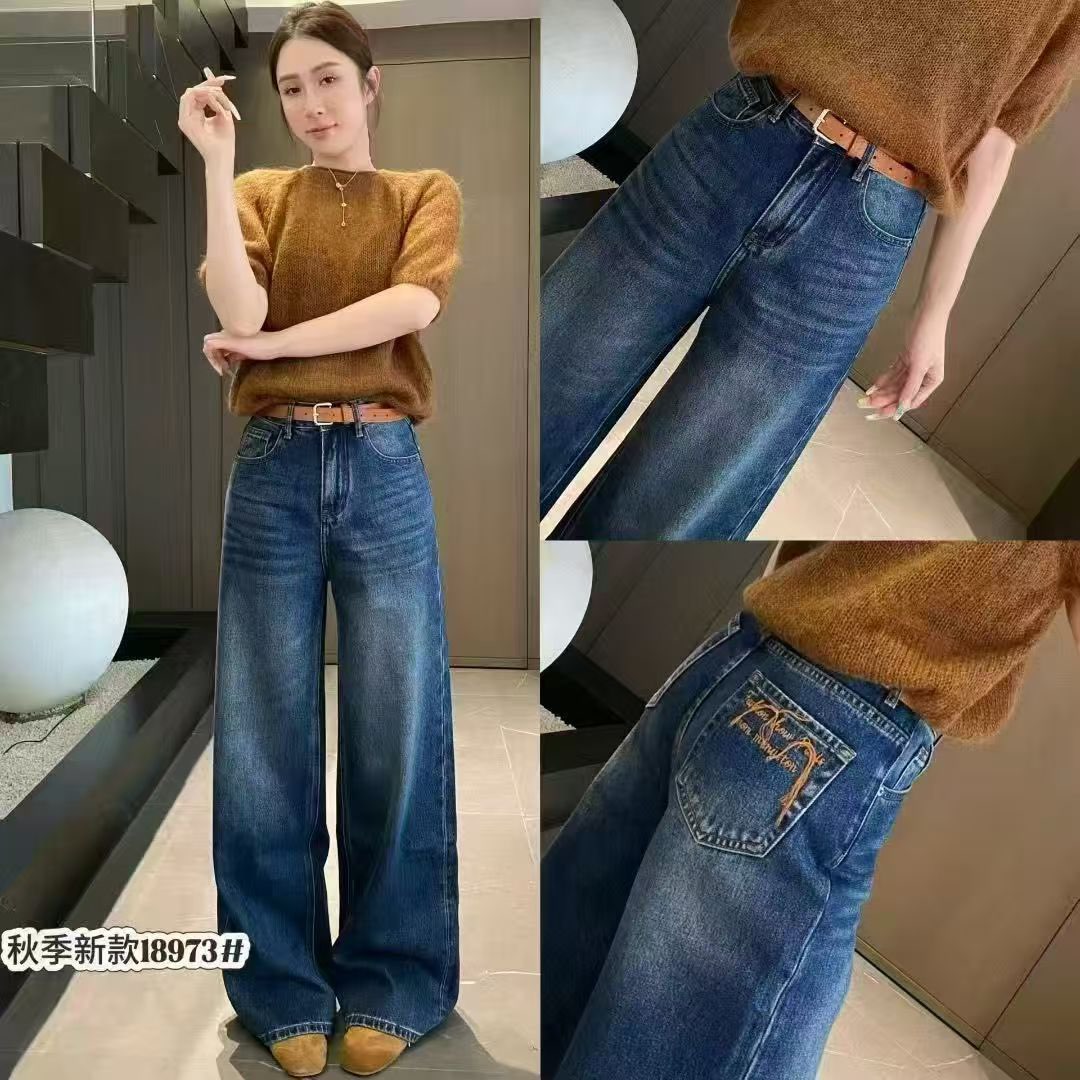 刺绣阔腿牛仔裤直筒裤