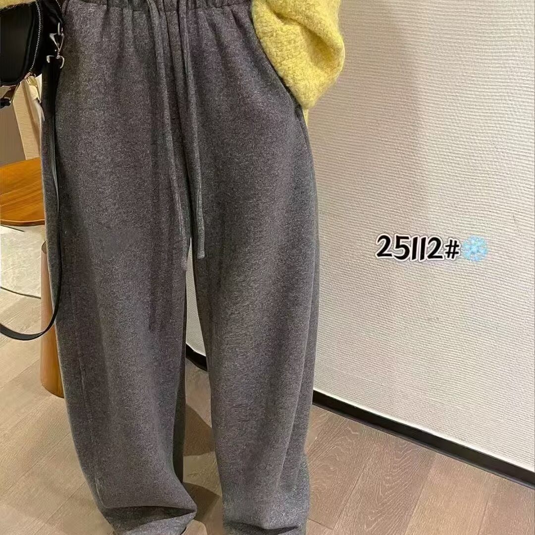 加绒加厚毛呢阔腿裤女冬新松紧腰抽绳百搭宽松休闲弯刀裤汪0.74