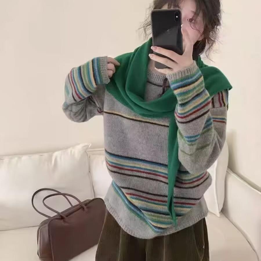 针织毛衣条纹拼色打底