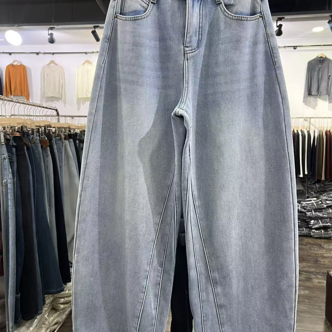 加绒加厚磨白牛仔裤弯刀裤