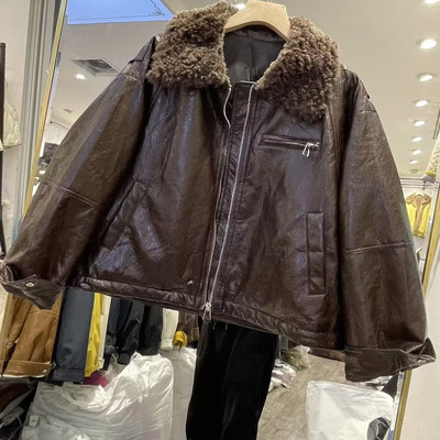 羊羔毛翻领pu皮羽绒服女冬季新款韩版宽松显瘦加厚保暖夹克金0.84