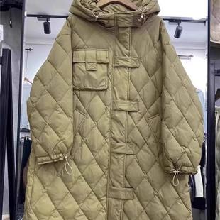 设计感连帽羽绒服女中长款冬季新款抽绳防风袖口宽松保暖外套0.95