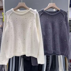 蜜熊绒烫钻圆领套头毛衣女冬新宽松显瘦百搭休闲针织打底衫焕0.39