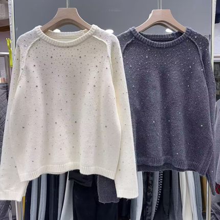 蜜熊绒烫钻圆领套头毛衣女冬新宽松显瘦百搭休闲针织打底衫焕0.39