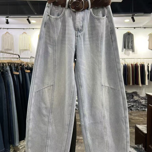 高腰宽松显瘦百搭休闲弯刀裤 新款 世0.98 女冬季 加绒加厚磨白牛仔裤