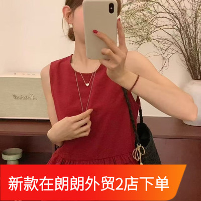 圆领系带拼接荷叶花边无袖背心衬衫女夏季新款减龄娃娃衫