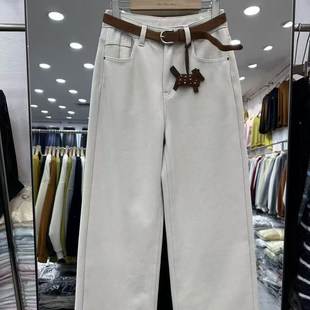 高腰宽松显瘦百搭休闲直筒裤 新款 汪1.04 女冬季 复合绒阔腿牛仔裤