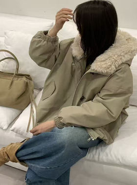 羊羔毛连帽派克羽绒服女冬新款宽松显瘦百搭休闲保暖外套聚0.97